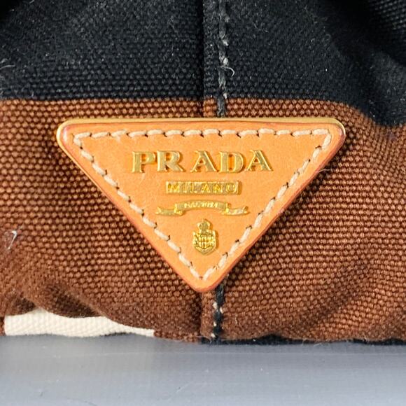 PRADA Canapa Brown Black White Stripe Canvas Open Top Tote Handbag - Picture 4 of 14